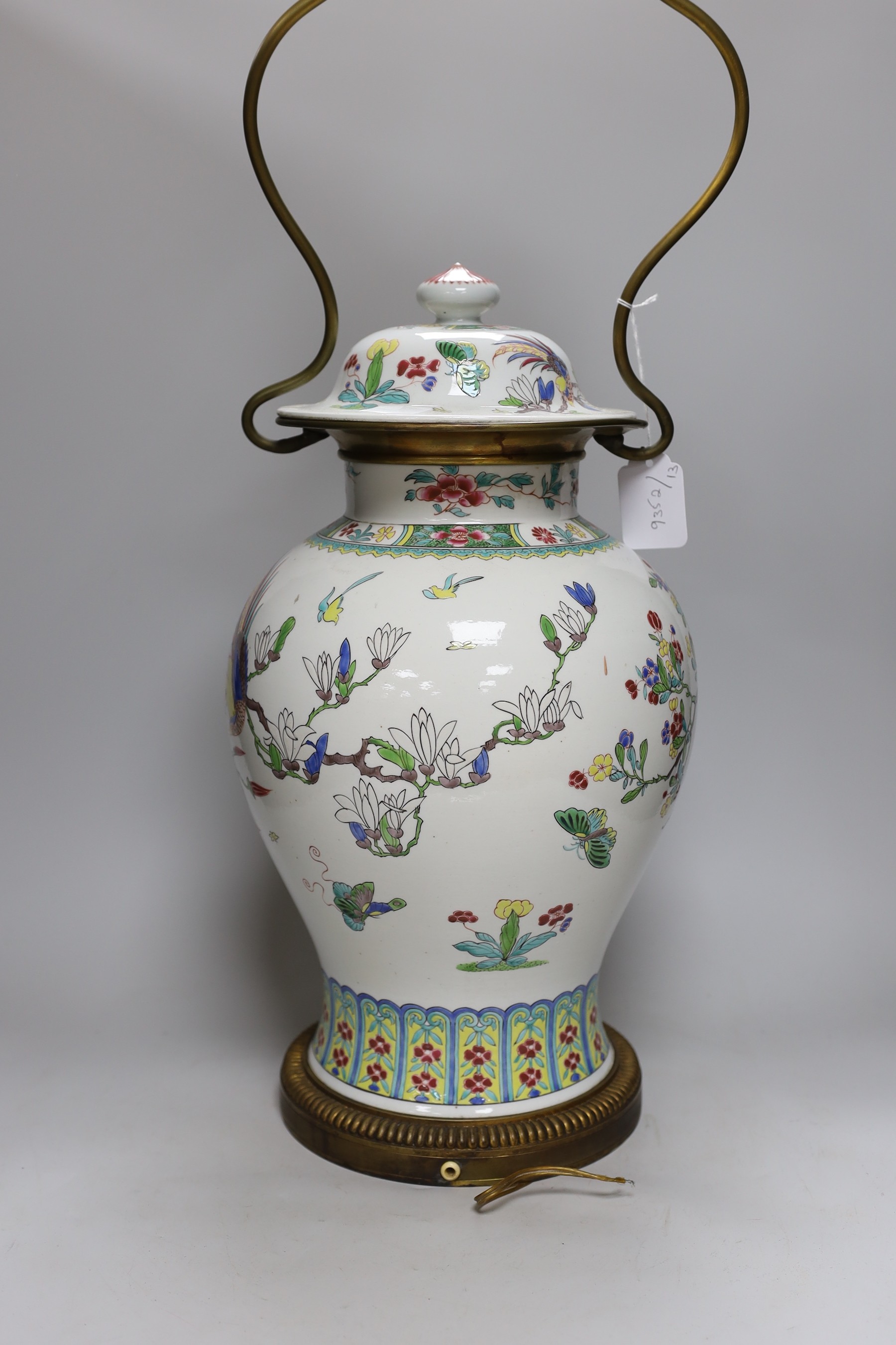 A Chinese vase and cover, converted to a two light lamp, 75cms high including fitting